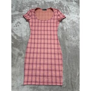 Popular 21 Dress Size Small Pink Plaid Short Sleeve Bodycon Mini Knit Stretchy